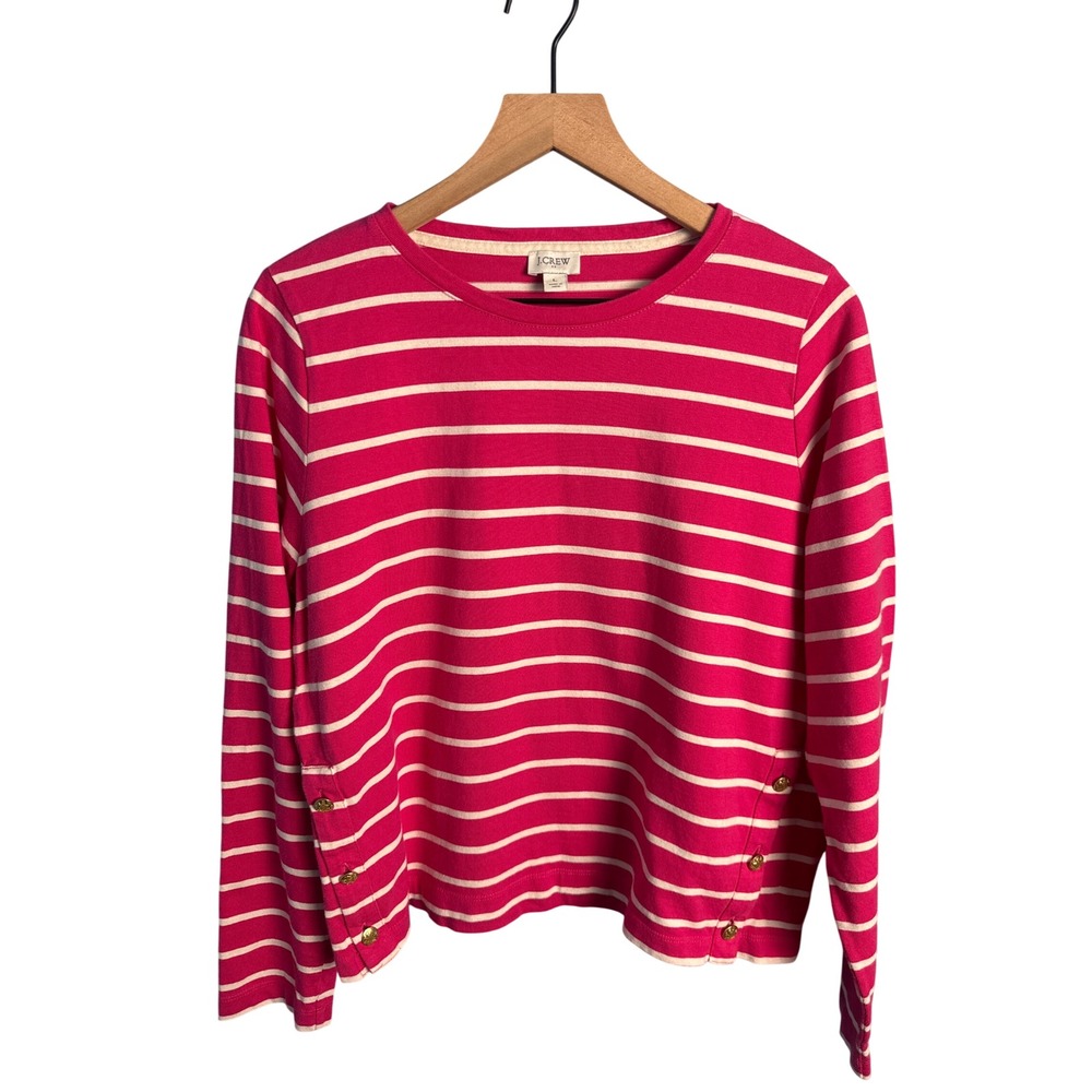 J.Crew Pink White Striped Long Sleeve Button Side Top Preppy Coastal Nautical L